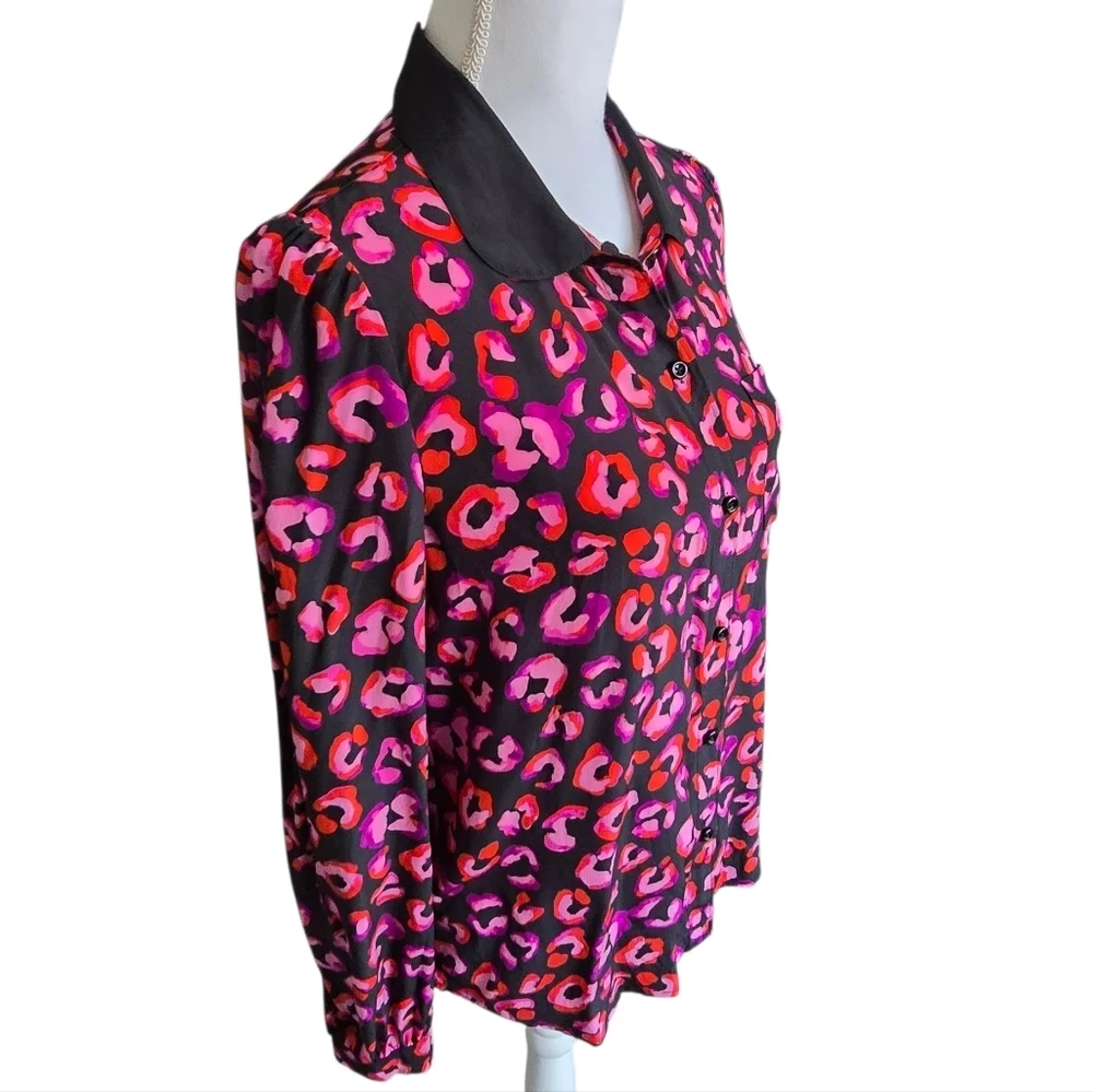 Kate Spade Silk Blouse Abstract Long Sleeve Button Down Shirt Pink Black Size 10
